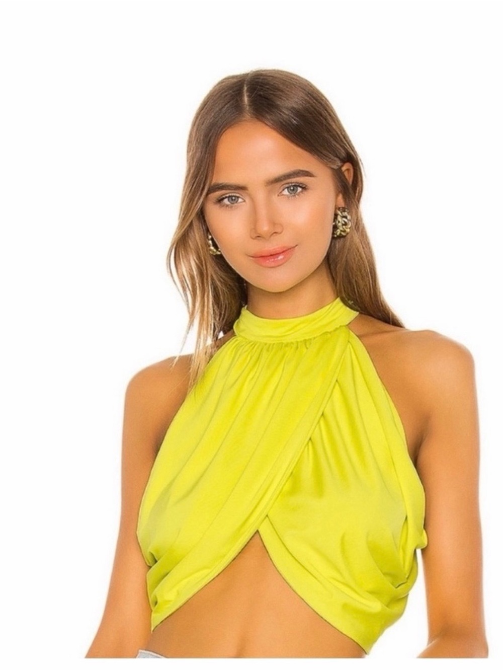 superdown Neon Yellow Halter Twist Crop Camisole